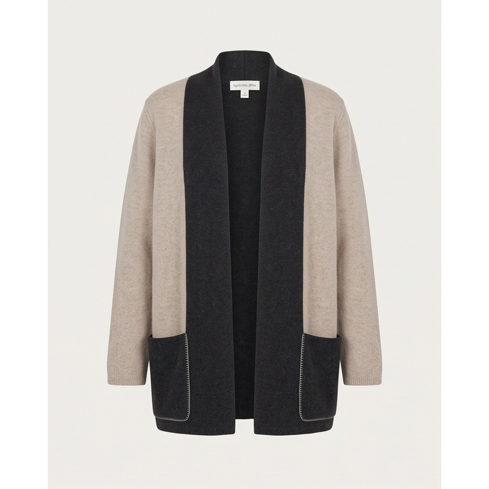 White & Warren M Cashmere Colorblock Open Front Cardigan Sweater Grey Tan